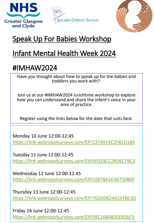 ayemind99's tweet photo. To mark #IMHAW24, our @nhsggc colleagues from the Infant Mental Health Service Wee Minds Matter are running lunchtime workshops this week. 

Mon- Fri, 12.00 pm-12.45 pm. Register below
https://t.co/5GF0ItkH7z https://t.co/qWpfR940hH