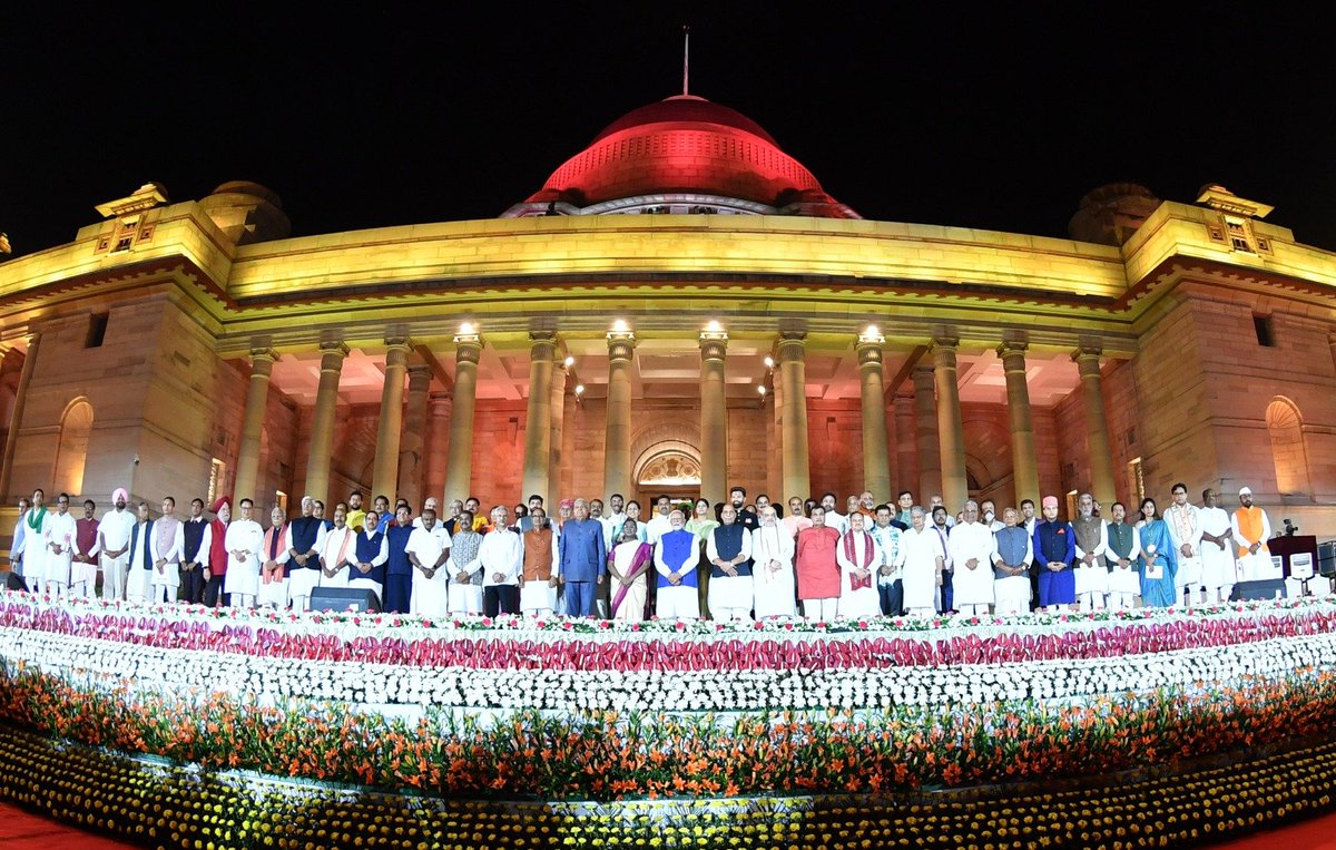narendramodi's tweet photo. Congratulations to all those who have taken oath today. This team of Ministers is a great blend of youth and experience, and we will leave no stone unturned in improving the lives of people. https://t.co/3PK3l1hG5p