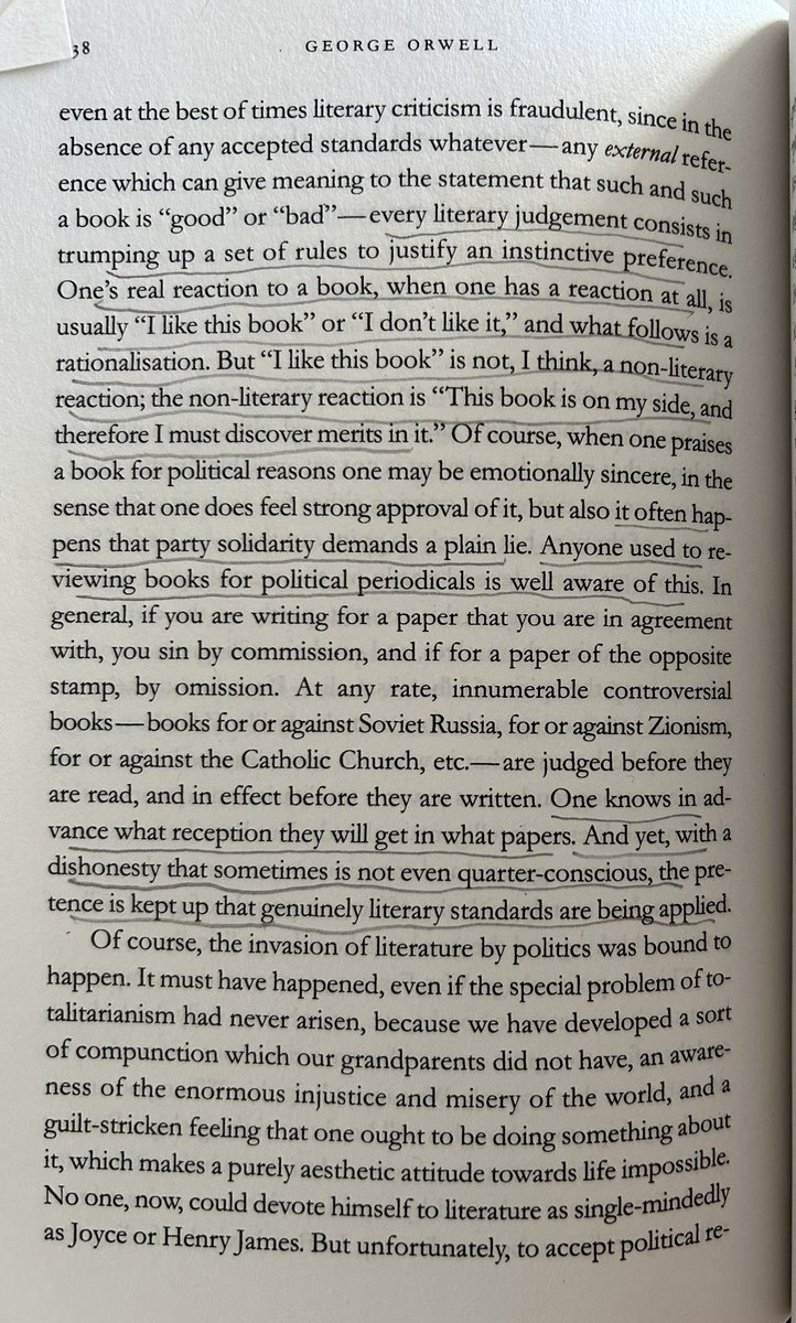 robkhenderson's tweet photo. "every literary judgment consists in trumping up a set of rules to justify an instinctive preference. One's real reaction to a book, when one has a reaction at all, is usually 'I like this book' or 'I don't like it,' and what follows is a rationalisation." https://t.co/SU6KBd0wb7 https://t.co/OWmGm1yjvt