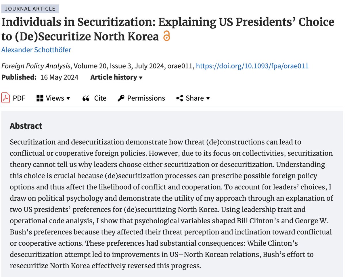 How does leader psychology influence securitization?

Alexander Schotthöfer uses President Bill Clinton and George W. Bush's preferences toward securitization toward North Korea to explain his theory

Read his open access article here! 
academic.oup.com/fpa/article/20…