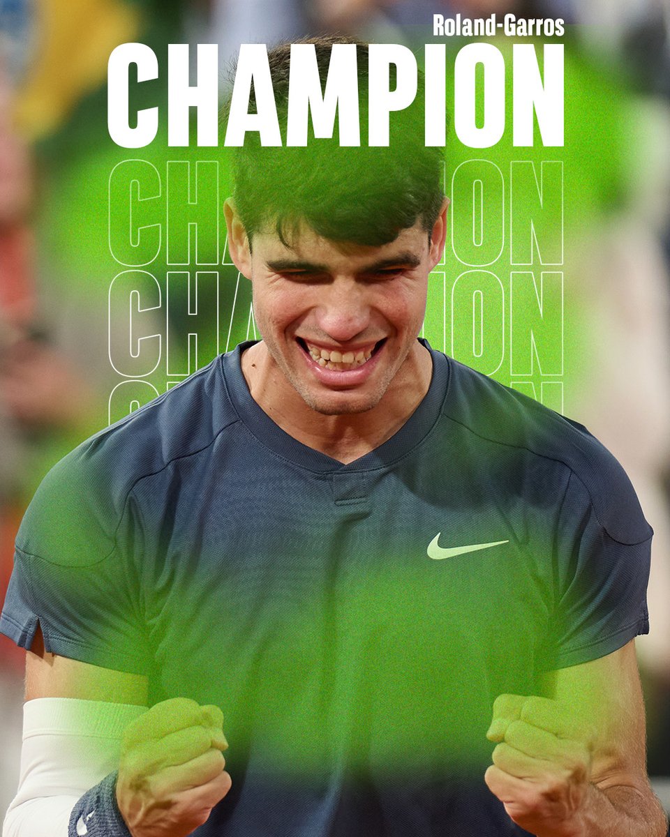 WeAreTennisFR's tweet photo. 🏆 CARLOS ALCARAZ ROI DE ROLAND-GARROS 🏆

Deux ans après le dernier titre de Rafael Nadal, un nouvel Espagnol s'impose à Paris en battant Alexander Zverev après une incroyable remontée 6-3 2-6 5-7 6-1 6-2 en finale !

3ème tournoi du Grand Chelem pour Carlitos en 3 finales ! https://t.co/UqM1eV7E0S