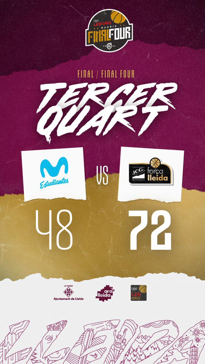flleida's tweet photo. @MovistarEstu Final Four #LEBOr
FINAL 3Q ⏱️ De moment, fem bona la renda aconseguida en la primera meitat. Queden 10 minuts pel final! 🥹
🔵 @MovistarEstu 48
💜 ICG @flleida 72
📊 https://t.co/o6VqqPK6mU
#HemTornat #ForçaLleida #Lleida #LEBOr #LleidaEsDeFinalFour https://t.co/9fuY1SKB0v