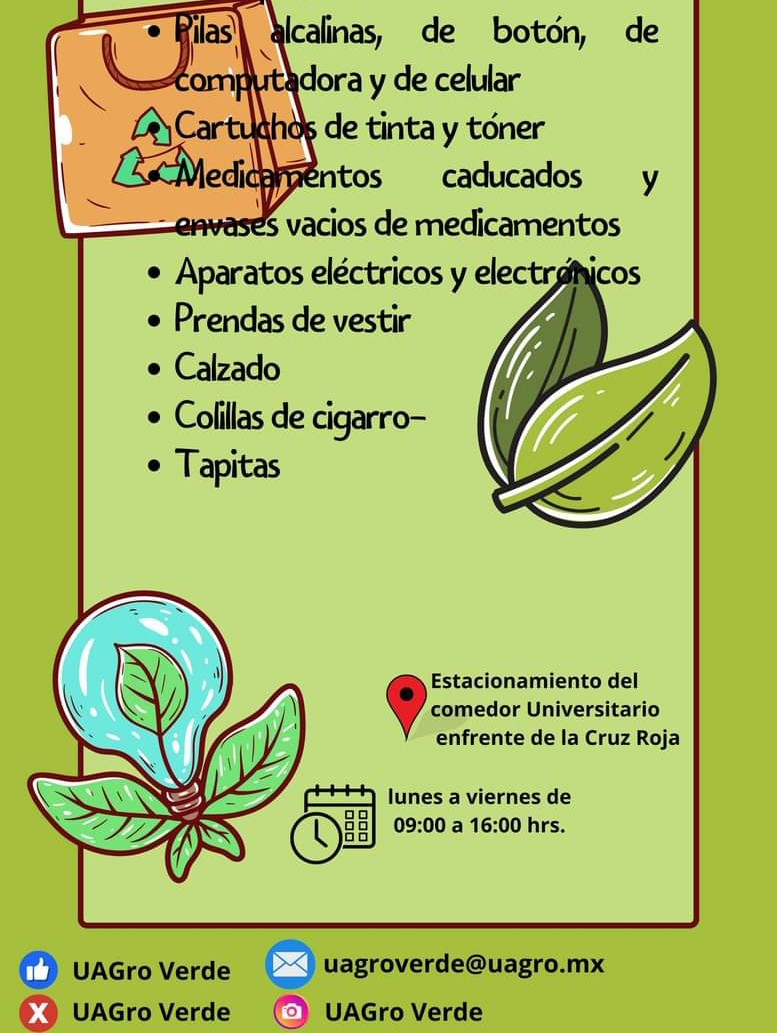 UAGroVerde's tweet photo. Centro de Acopio Alameda @UAGroVerde Estamos ubicados en el estacionamiento del comedor universitario enfrente de la Cruz Roja. 
De lunes a viernes de 09:00 a 16:00 horas. 
¡Te esperamos! https://t.co/nxhnhZK4YX