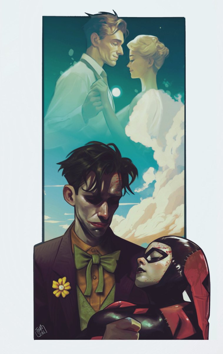 JOKER AND HARLEY.
My personal Illustration.
@kirbyscomicart 
#tomaselliart #digitalpainting #coverartist #illustration #dccomics #joker #harleyquinn #comicbooks #comics #villain
