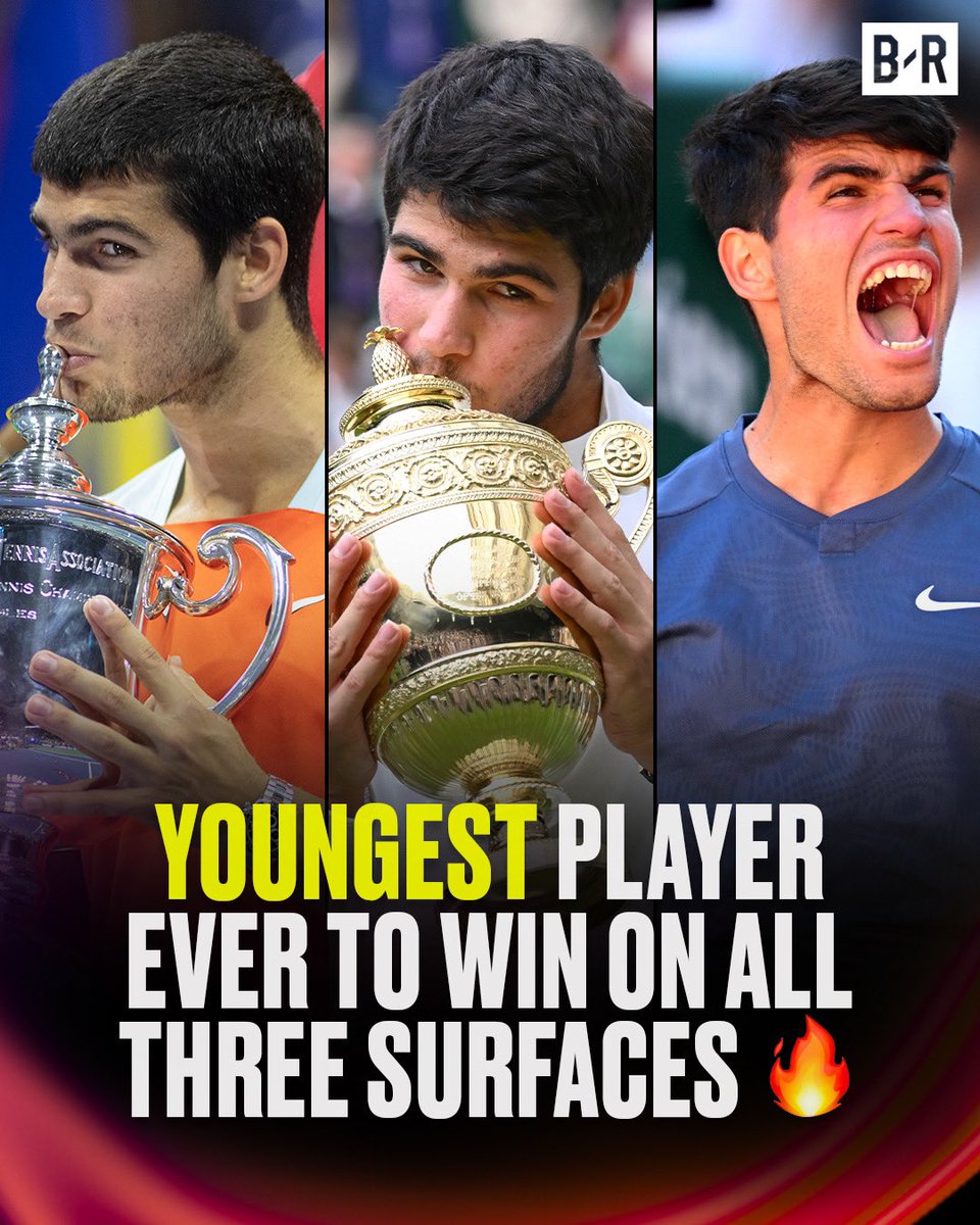 21-YEAR OLD SUPERSTAR CARLOS ALCARAZ MAKES HISTORY ⭐️

YOUNGEST EVER to win a major on hard courts (US Open), grass courts (Wimbledon), and clay courts (French Open)