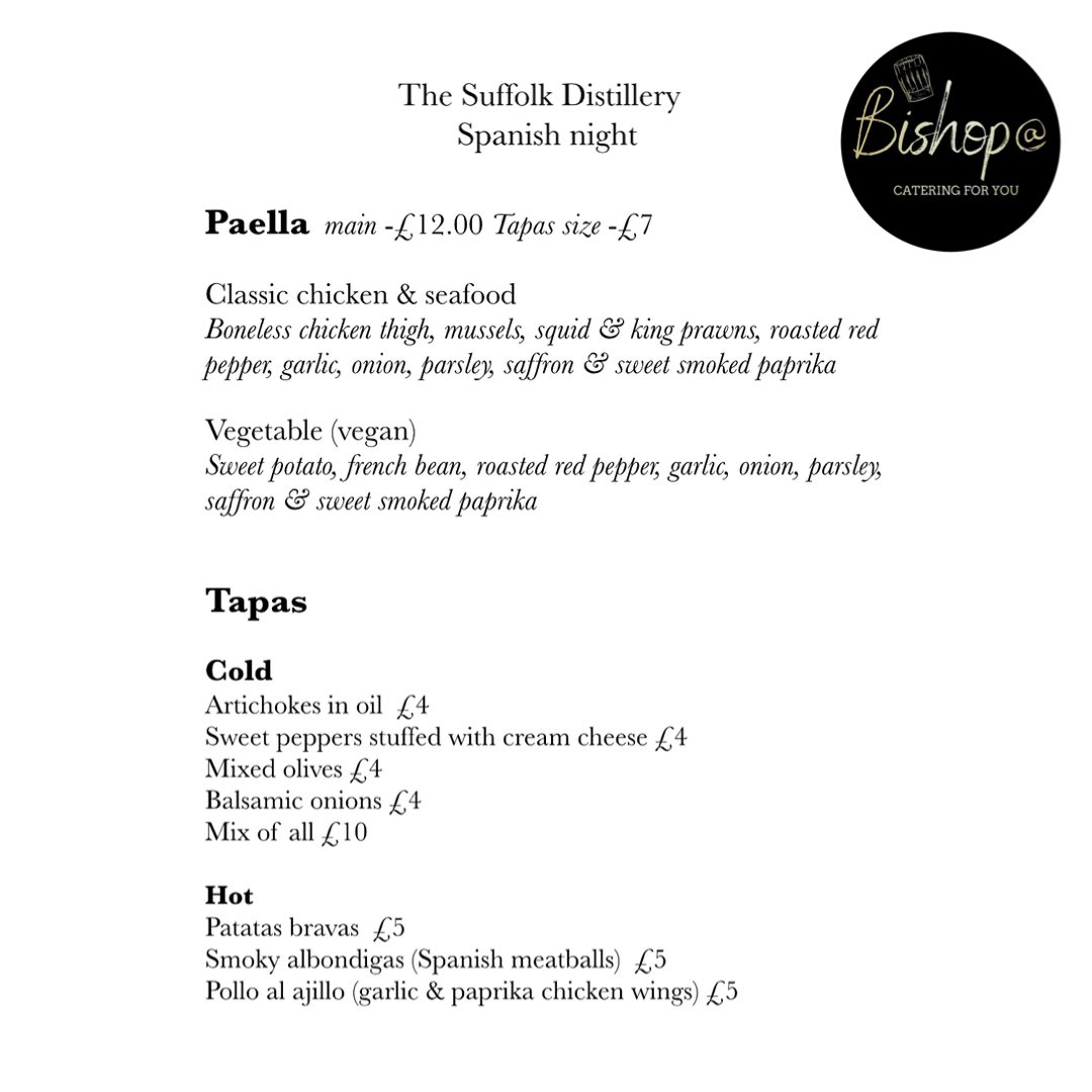 This Thursday we welcome <a href="/bishopcatering/">Bishop Catering</a> to the Distillery for SPANISH NIGHT!🇪🇸🥘✨

Food will be served from 5-8pm. Seating provided indoors and outdoors, and heaters if needed! Our bar and shop will also be open!🍸🛍

We can’t wait to see you there!🙌🌤

#suffolkdistillery #gin