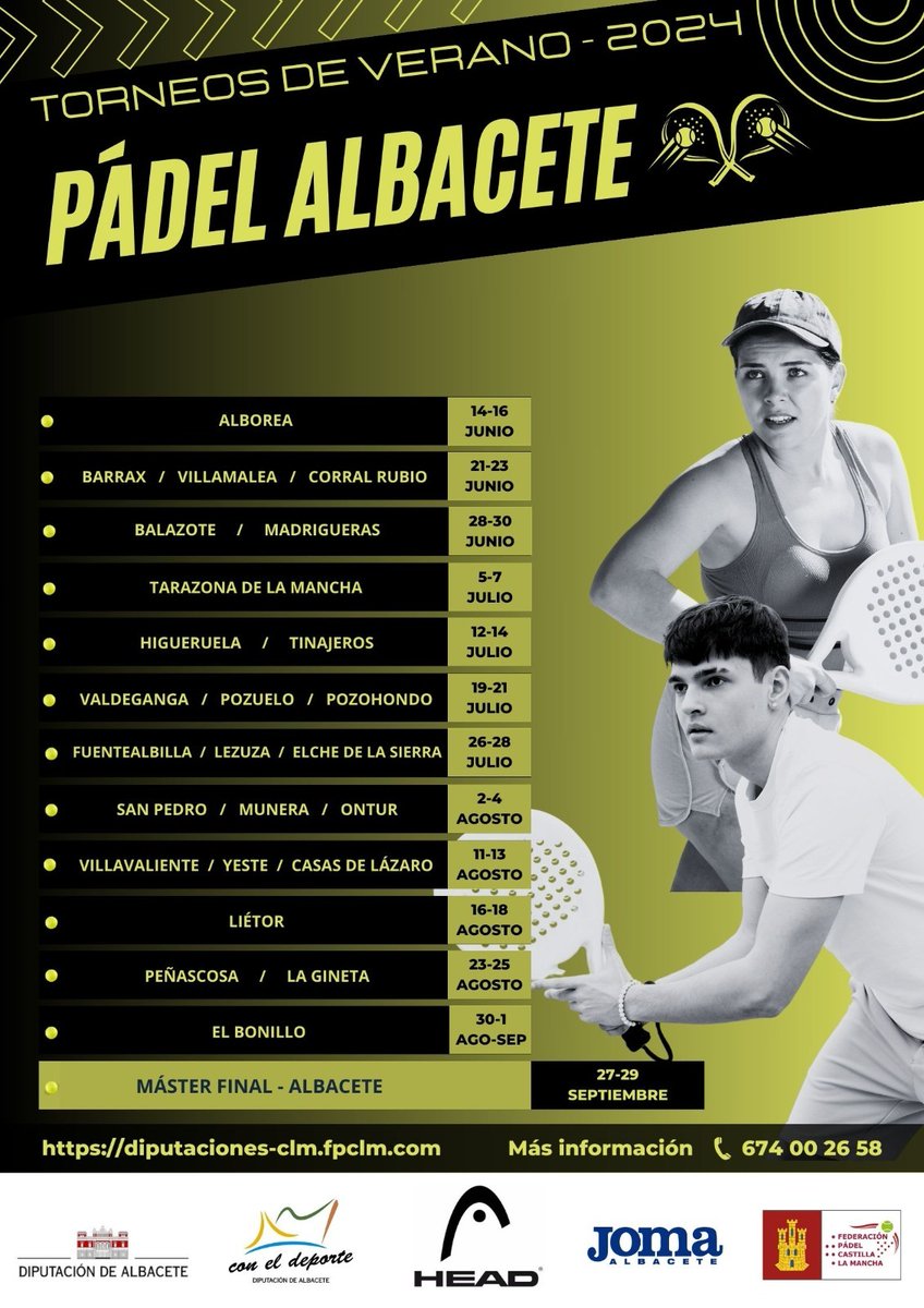 dipualba's tweet photo. 🆕️🎾 La 4ª edición de nuestros #TorneosdeVerano de #Pádel arranca del 14 y 16 de junio en #Alborea con 2️⃣5️⃣ localidades implicadas, 🔜 concluyendo con una #MasterFinal en Albacete del 27 al 29 de septiembre 👥️👥️.

🌐 https://t.co/L7vCkRLXnO ⤵️ https://t.co/XfgPRxwPCQ