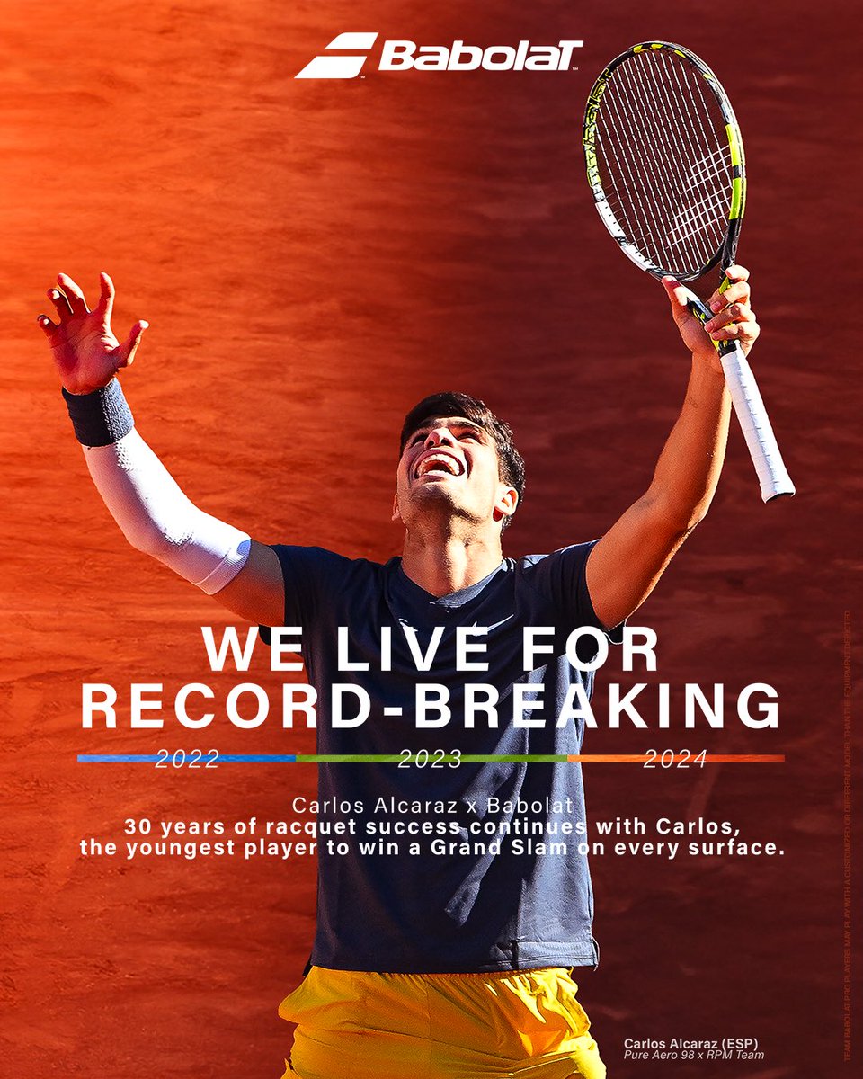 Babolat (@babolat) on Twitter photo ⭐️⭐️⭐️
Congratulations <a href="/carlosalcaraz/">Carlos Alcaraz</a> for yet another incredible achievement ❤️
2024 French Open Champion and the youngest player to win a Grand Slam on all three surfaces 🙌🏽
#BabolatFamily #WeLiveForThis ⭐️⭐️⭐️
Congratulations <a href="/carlosalcaraz/">Carlos Alcaraz</a> for yet another incredible achievement ❤️
2024 French Open Champion and the youngest player to win a Grand Slam on all three surfaces 🙌🏽
#BabolatFamily #WeLiveForThis