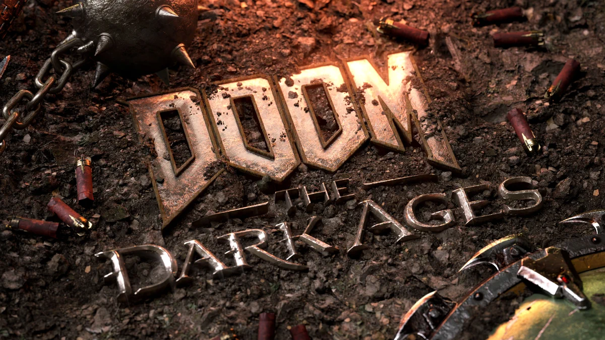 Image of the shining metal logo for DOOM: The Dark Ages emerging from the brown rocky ground. Surrounding the logo are scattered shotgun shells and two weapons in the corners.