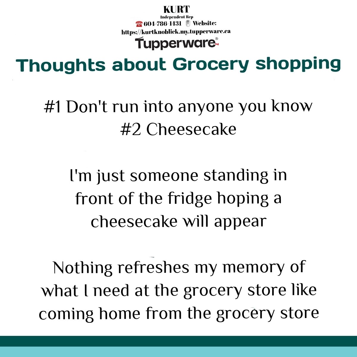KurtsTupperware's tweet photo. Who can relate? True story... I have a Sandwich Spreader in my car for an unexpected 'Cheesecake Emergency' 😆

#grocerystorethoughts 🍴 🍰
#sundayfunday #mealplanning 
#kurtstupperwarecustomers 
#cheesecakelovers #dailymeals https://t.co/0bAal4IMwo