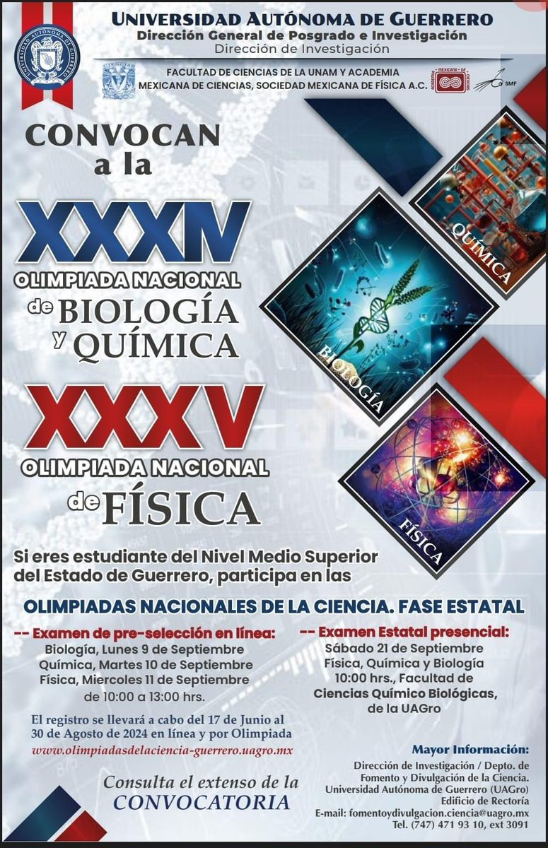 ZonaSurUAGro's tweet image. La @UAGro_MX a través de la #DGPI invita a las y los estudiantes de Nivel Medio Superior a participar en la Olimpiada Nacional de la Ciencia de Física,Química y Biología en su Fase Estatal 2024.

Fecha límite: 29 de Agosto. 

Consulta la convocatoria en: …impiadasdelaciencia-guerrero.uagro.mx