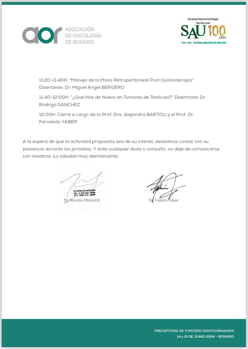Preceptoría de Tumores Genitourinarios. Sociedad Rosarina de Urología, Sección Local SAU junto a la Asociación de Oncología de Rosario (aor)!!! 14 y 15/06. 🇦🇷 <a href="/mainanic/">Nicolás Mainardi</a> <a href="/Martin_AngelMD/">Martín Angel</a> <a href="/DBarreiro4/">Diego Barreiro</a> <a href="/FFerraris_URO/">Federico Ferraris</a> <a href="/AngelBergero/">miguel angel bergero</a> <a href="/RodRogSan/">Rodrigo Sanchez Roger</a> <a href="/yaberfdo/">Fernando YABER</a> <a href="/SauUrologia/">Sociedad Argentina de Urología🇦🇷</a>