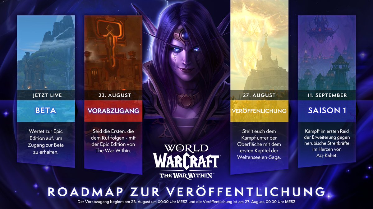 Warcraft_DE's tweet photo. The War Within kommt!

🏗️ Beta – Jetzt live
🗓️ Vorabzugang – 23. August
⚔️ Veröffentlichung – 27. August
🕷️ Saison 1 – 11. September

Hier vorbestellen: https://t.co/nlJcwwYLGl https://t.co/45DwnfSAR0
