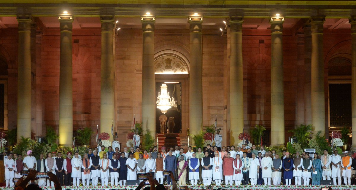 President Droupadi Murmu with the Prime Minister and other members of the Union Council of Ministers at Rashtrapati Bhavan after the swearing-in-ceremony.
