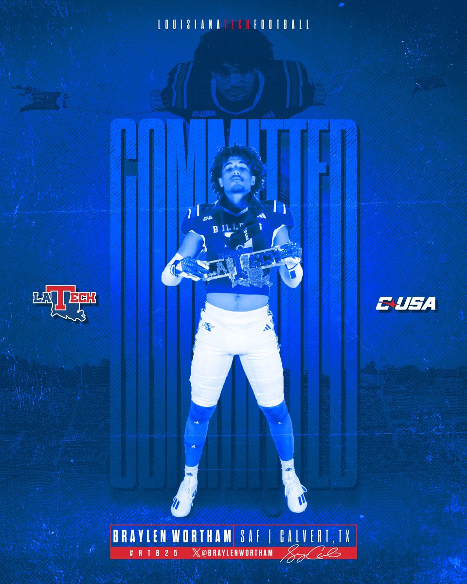 BraylenWortham's tweet photo. Just a kid from lil Calvert Texas.
I have officially committed to Louisiana Tech University ‼️Go Bulldogs 🐶 #HBTD  @JeffBurris93 @CoachRich07 @Coach_J_Johnson @SCumbie_LaTech @LATechFB @MohrRecruiting @BleedTechBlue @Coach_Brookins https://t.co/RaiJRzgFEI