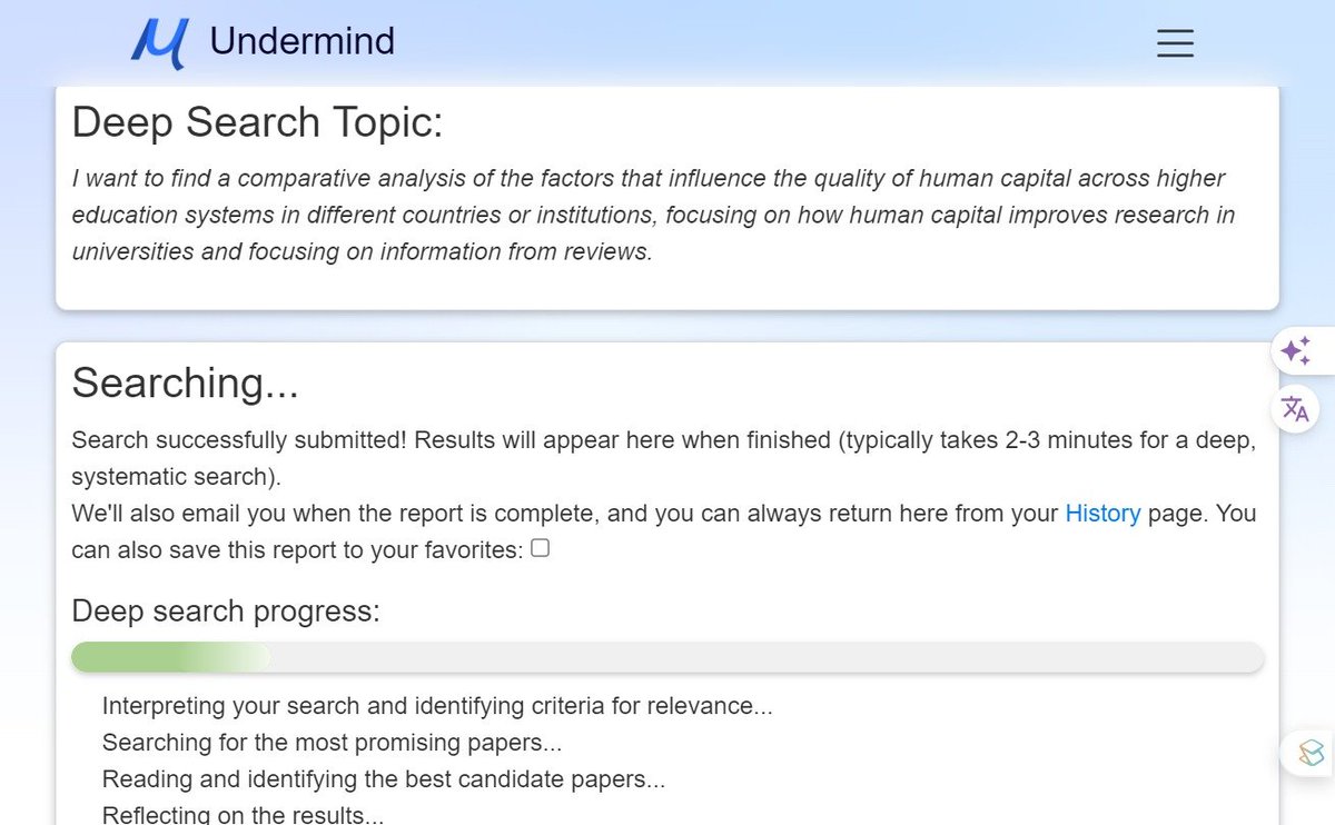 I asked <a href="/UndermindAI/">Undermind</a>  a really complex research question, On information related to human capital and its importance in universities, the results are very relevant, it serves as a starting point for me to understand a topic in greater depth. undermind.ai/query_app/disp…