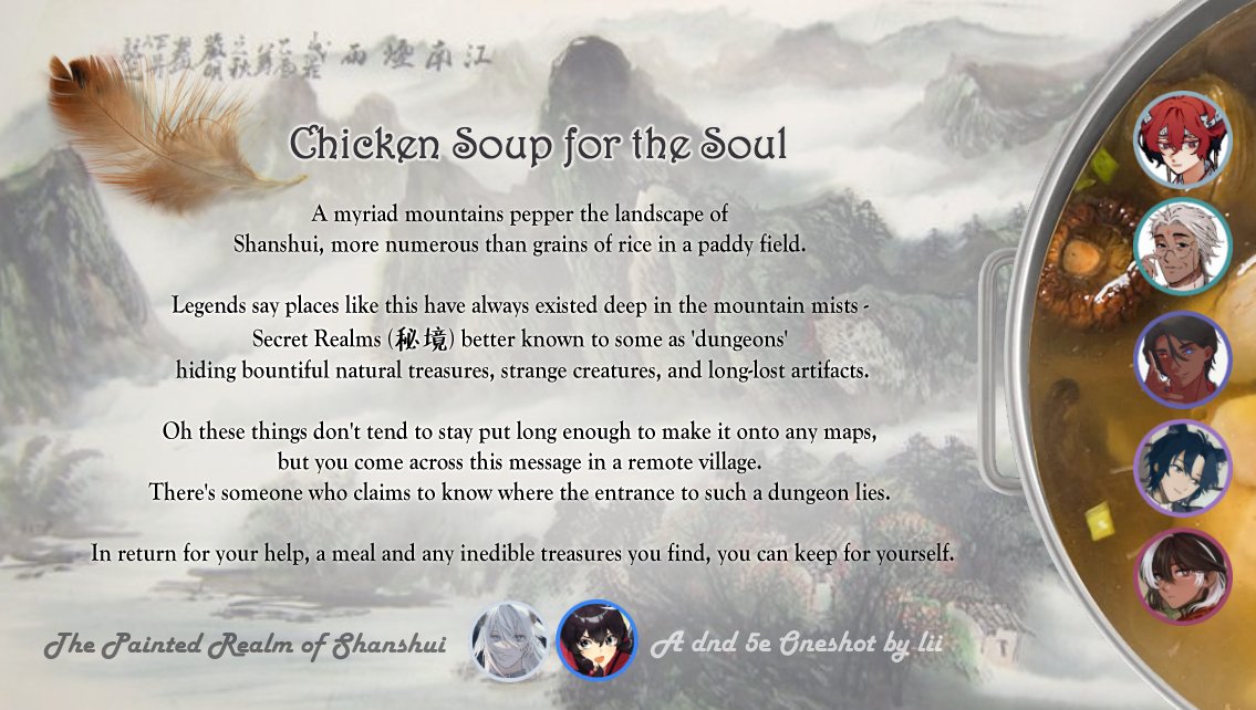 YIPPEEE !! finished running another 'oneshot' in my homebrew dnd realm, a silly little game deep in the misty mountains! delicious 1000GP chicken soup was made and friendship forged in the crucible of vegetable-themed adversity... 😋🍲🥣