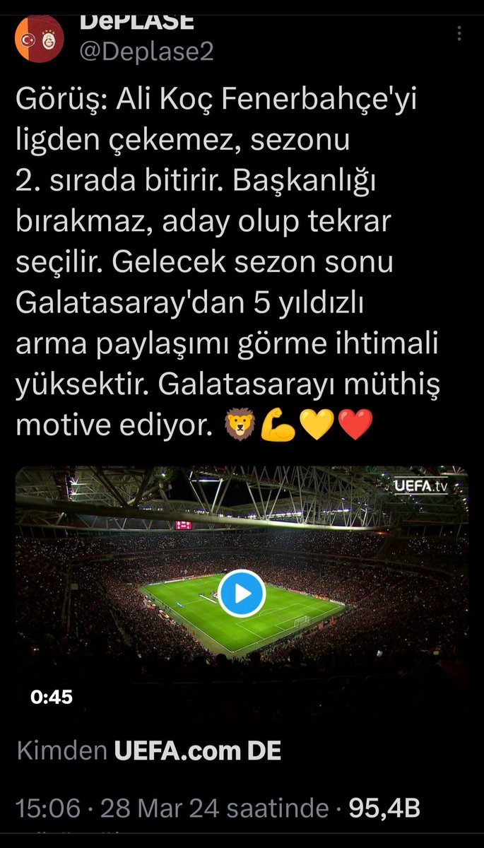 Deplase2's tweet photo. Tarih 28. Mart. 2024. Plan işliyor. Bu sonuç hiç bir Galatasaraylı için sürpriz değildi. Galatasaraylılar hep hazır. 3 yıl üst üste 5. Yıldızı takıp Şampiyon Cimbom yazdıracağız. 13 Galatasaray şampiyonluğu gören 2 aday kim olursa farketmezdi.🦁 #Hedef25  https://t.co/QqThScZIXu https://t.co/jmaluih3Ez