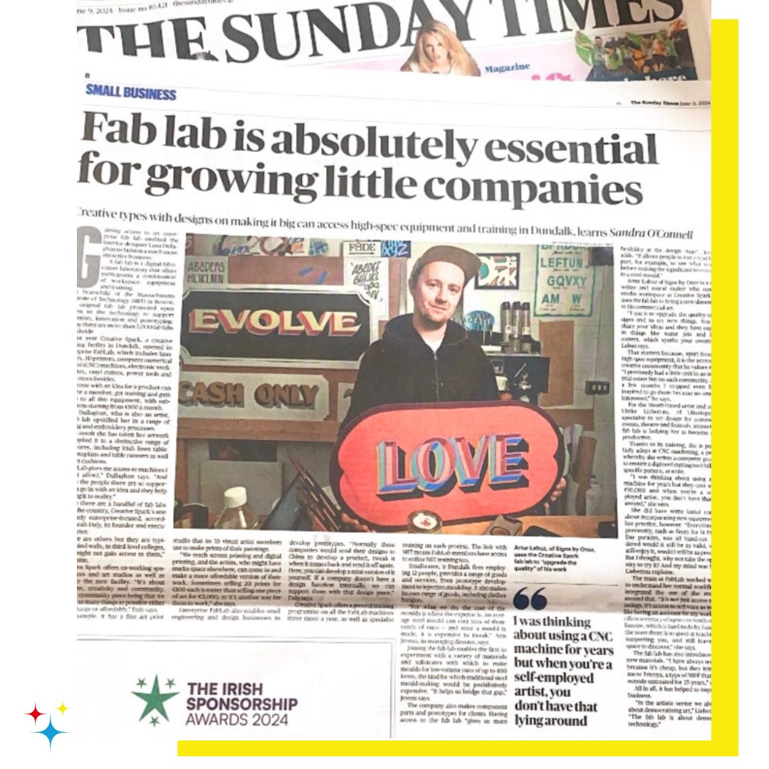 Curio PR (@curio_pr) on Twitter photo <a href="/CreativeSparkie/">Creative Spark</a> was featured in The Sunday Times today!
Speaking to Sarah Daly and companies who use their facilities they discussed all it has to offer✨
#curiopr #CurioPR #creativespark #irishfablab #dundalk #sundaytimes <a href="/CreativeSparkie/">Creative Spark</a> was featured in The Sunday Times today!
Speaking to Sarah Daly and companies who use their facilities they discussed all it has to offer✨
#curiopr #CurioPR #creativespark #irishfablab #dundalk #sundaytimes