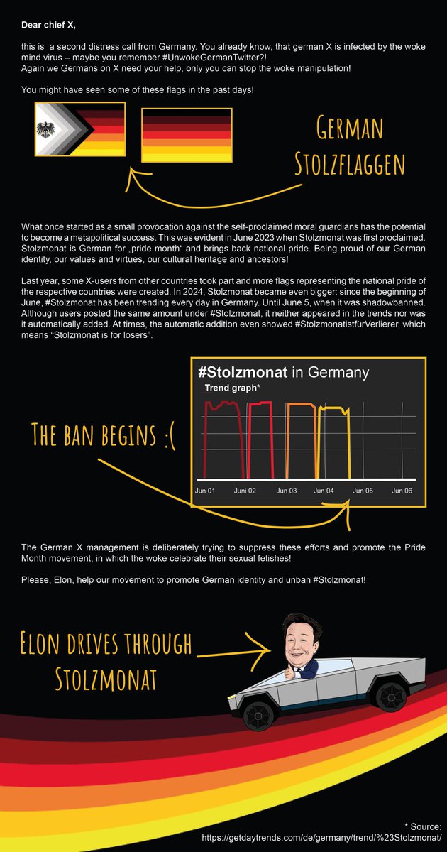 DerMoorgeist's tweet photo. Dear @elonmusk, your staff in Germany silences the German people because they don't like what we have to say. Please #Unbanstolzmonat. https://t.co/BjiGp03ixU