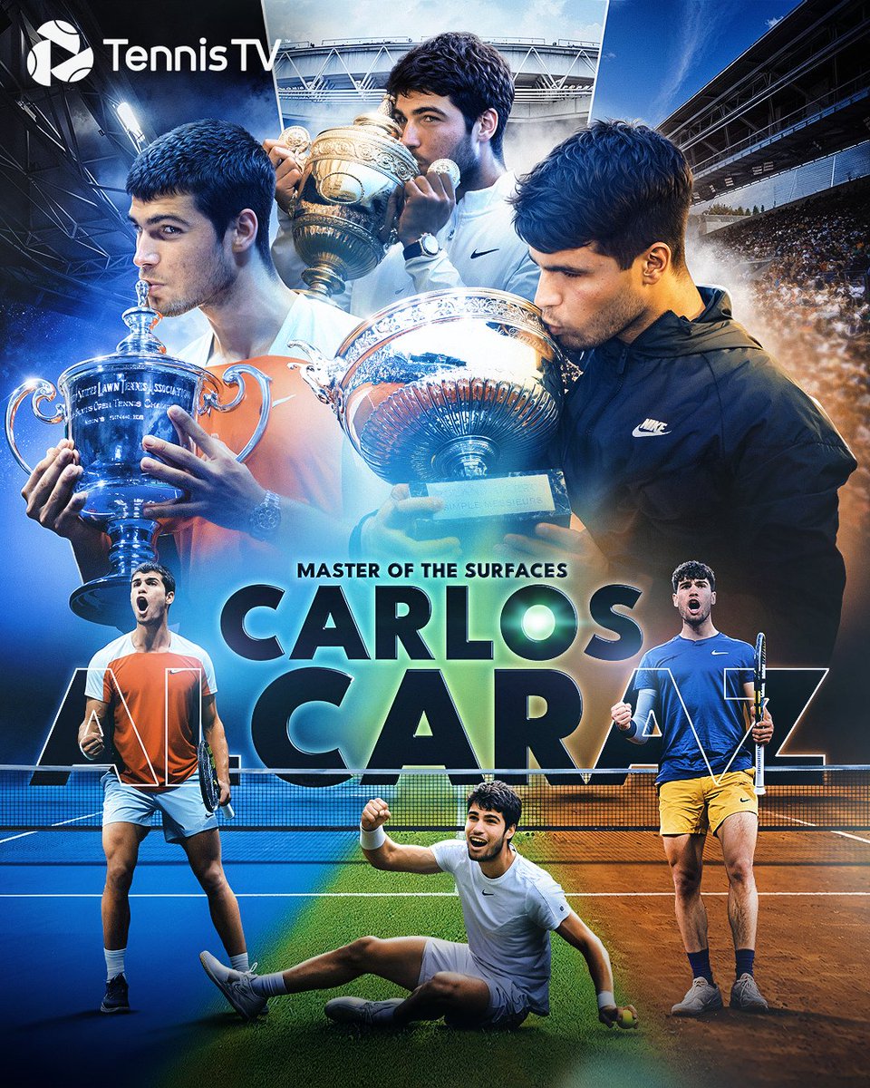 TennisTV's tweet photo. Hard 💙
Grass 💚
Clay 🧡

@carlosalcaraz becomes the YOUNGEST male player to win a Grand Slam on all 3 surfaces!

#RolandGarros https://t.co/PMDZX7FF90