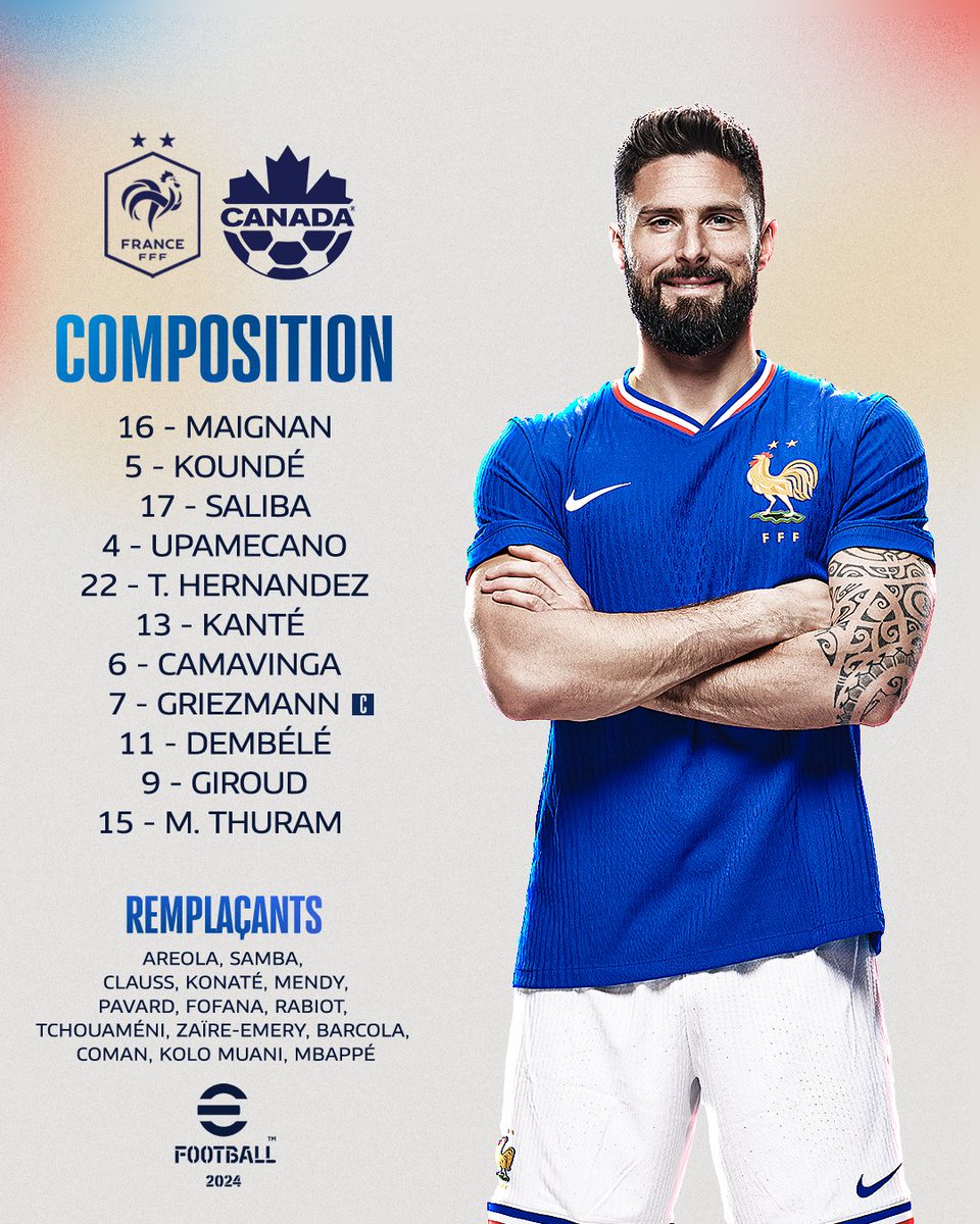 equipedefrance's tweet image. Notre 1️⃣1️⃣ de départ pour 🇫🇷🇨🇦

@_OlivierGiroud_  dispute son dernier match en France avec les Bleus 💙

Coup d'envoi 21h15 sur @TF1 📺

#FRACAN | #FiersdetreBleus