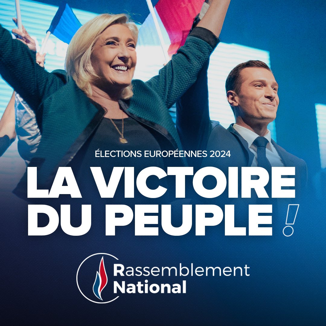 RNational_off's tweet image. 🔵 Ce soir, c’est votre victoire, c’est la victoire du Peuple !

Merci aux millions de Français qui se sont mobilisés et qui ont voté massivement pour la liste de @J_Bardella !

Avec nous la France revient ! 🇫🇷