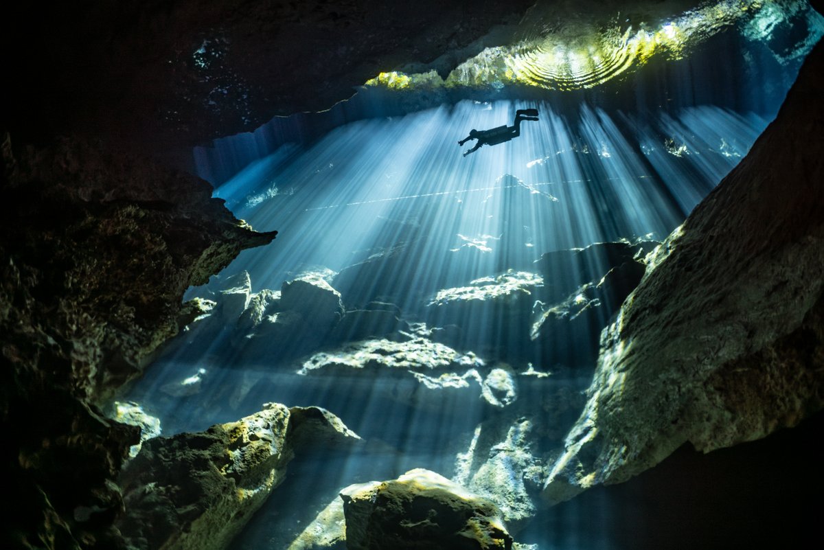 tstgeorge's tweet photo. Into the light - diver swimming through light beams in the cavern zone.

#DIVEsBigShotCaves #AggressorAdventures @DiveMagazine https://t.co/hIQOe4Iuhr