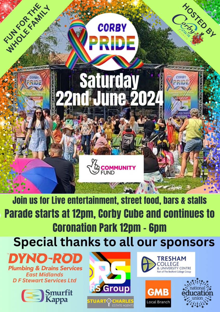 NNorthantsNEU's tweet photo. Join us at @Corby__TC’s #pride in two weeks time. Fun for all the family with entertainment, stalls and of course the parade through the town centre. https://t.co/B5pIsoYBxS