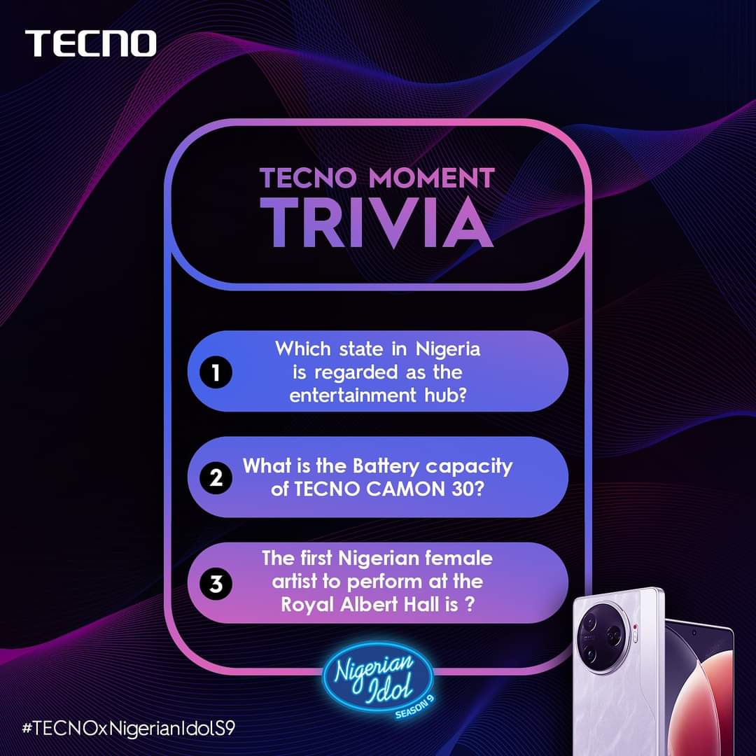 Gather in the comment section, everyone!

Answer our question using #TECNOxNigerianIdolS9 and stand a chance to win 5k in airtime.

We’ll randomly select 10 correct entries from our social media channels to receive a reward.

#NigerianIdol