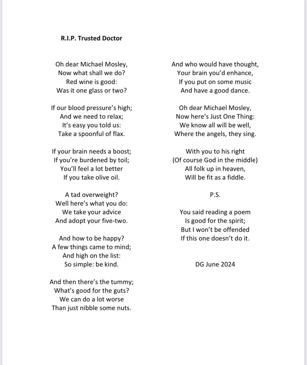 My talented friend wrote a poetic tribute to Michael Mosley.