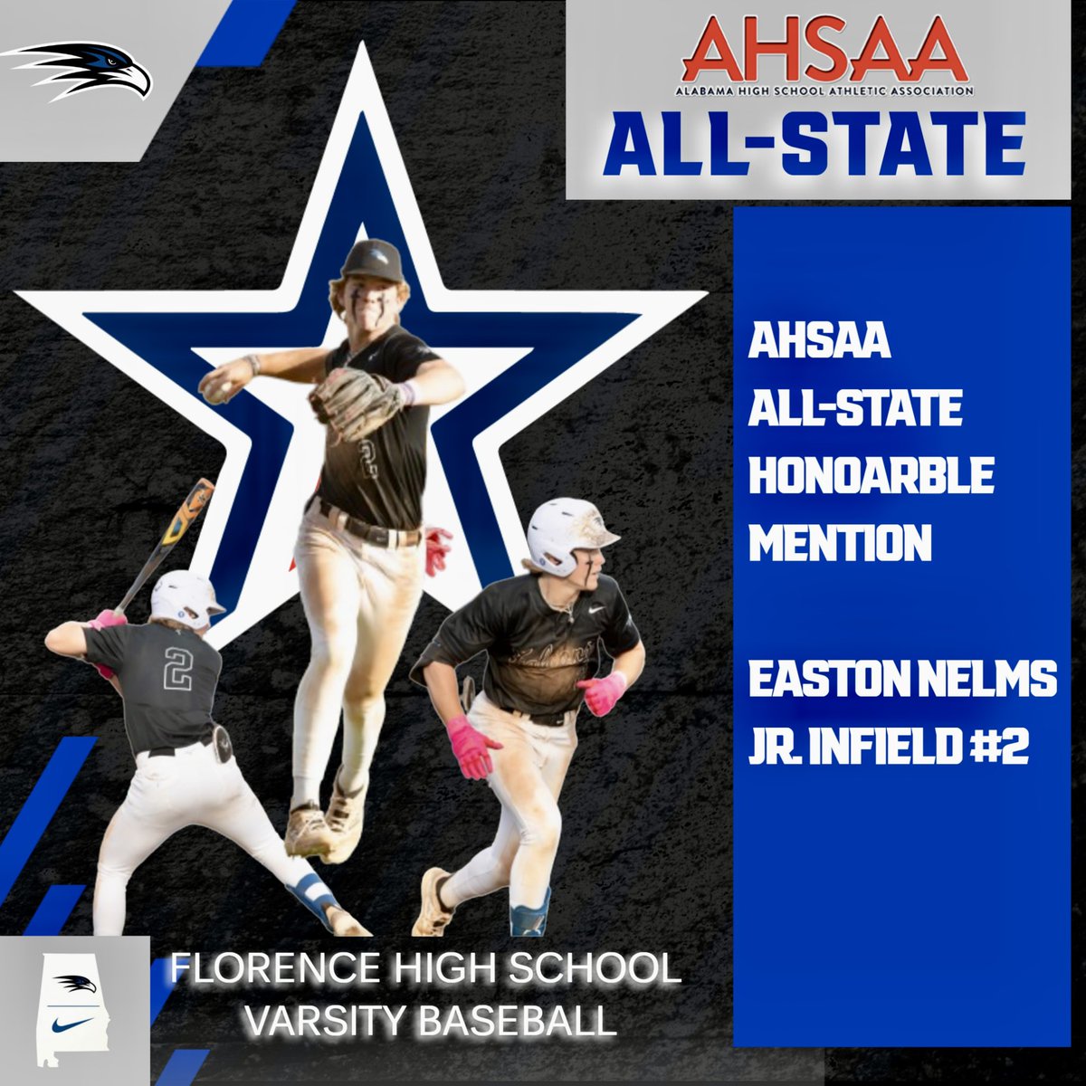 Congratulations to Easton Nelms 2024 Florence Varsity Baseball Player recognized as a member of the 2024 AHSAA All-State Team! 

#GoFalcons #WeAreFalcons