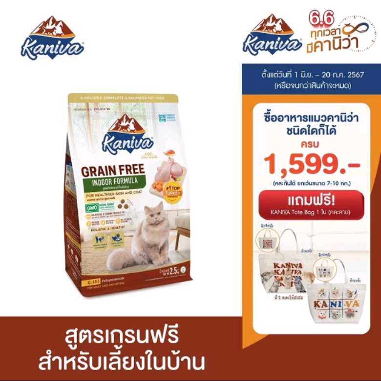 __199777's tweet photo. Kaniva Grain Free Indoor Cat สูตรใหม่ สำหรับแมวเลี้ยงในบ้าน 🧡 ถูกใจเจ้านายอย่างแน่นอน shopกันตอนนี้ Kaniva มีของแถมฟรีเมื่อซื้อครบ 1,599 บาทอีกด้วยนะ รีบไปตำกันเล๊ยยยยย🎊🎉 
ราคา 279 1.2kg. ที่ Shopee https://t.co/GaUxmbKBuJ https://t.co/fbpI5ChGsa