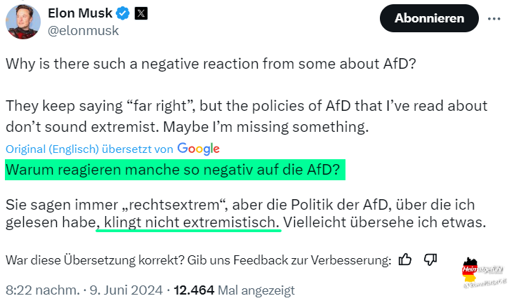 HeimatliebeDE's tweet photo. Elon Musk heute über die AfD.
Das ist wirklich ein harter Tag für Linksgrün. 

#Europawahl https://t.co/SUedXA5Yi9