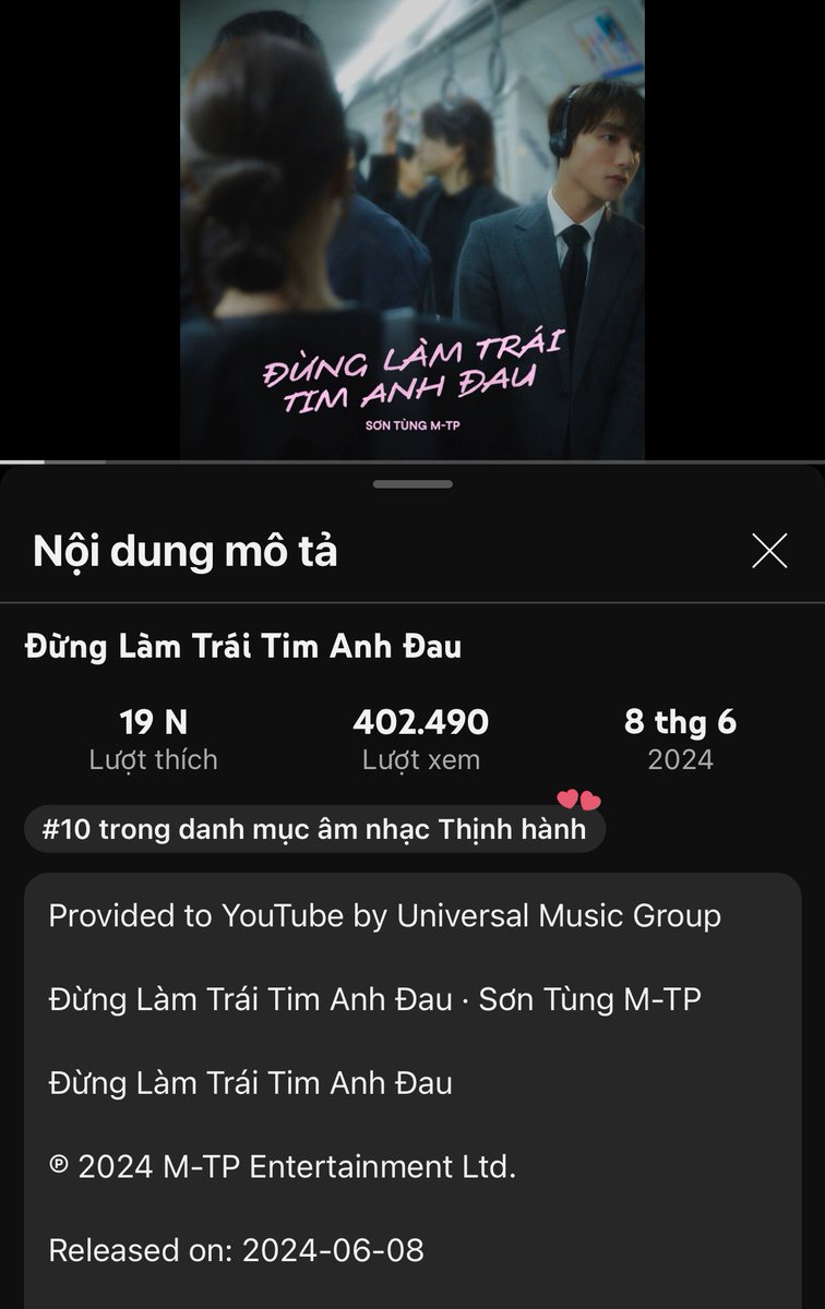 MTPGlobalUnion's tweet photo. 📣Not only is the MV “ĐỪNG LÀM TRÁI TIM ANH ĐAU” by @sontungmtp777 still reaching #1 on Top Trending YT🇻🇳 Overall and Music Category, but the Audio Version of the song is also appearing at #10 on Top Trending YT🇻🇳 at Music Category

#SonTungMTP #DLTTAD💍
#DungLamTraiTimAnhDau https://t.co/ciL2XpgaFw