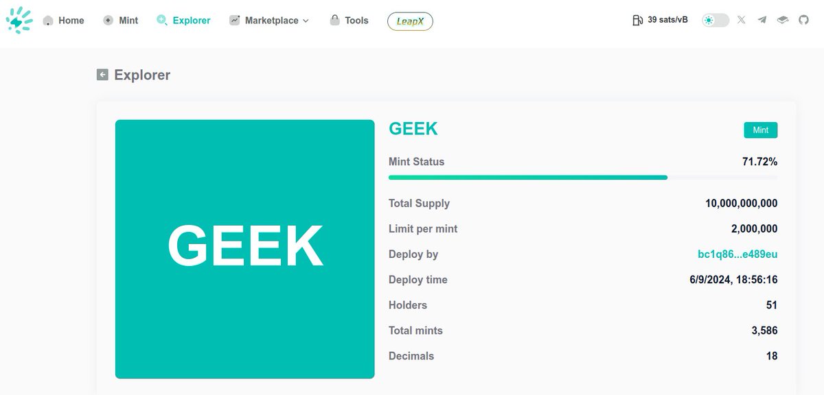 StampTools's tweet photo. 🚨 New Mint Alert! 🚨

Token: GEEK
Limit per Mint: 2,000,000
Total Supply: 10,000,000,000

🧑‍💻Already 51 Minters.

⚠️ Not Financial Advice (NFA). Do Your Own Research (DYOR).

#StampTools #SRC20 #StampScan #MintAlert https://t.co/bMkuxYk2vp