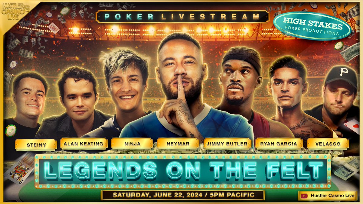 HCLPokerShow's tweet photo. LEGENDS ON THE FELT!!

@neymarjr
@Ninja
@JimmyButler
@RyanGarcia
@Mister_Keating
@realsteiny from @nelkboys
+ other special guests TBA

The biggest event in poker history!!

Saturday, June 22 (notice the date change; it is now June 22)

$50/100
$10K min buyin https://t.co/KrM4DtlOKP