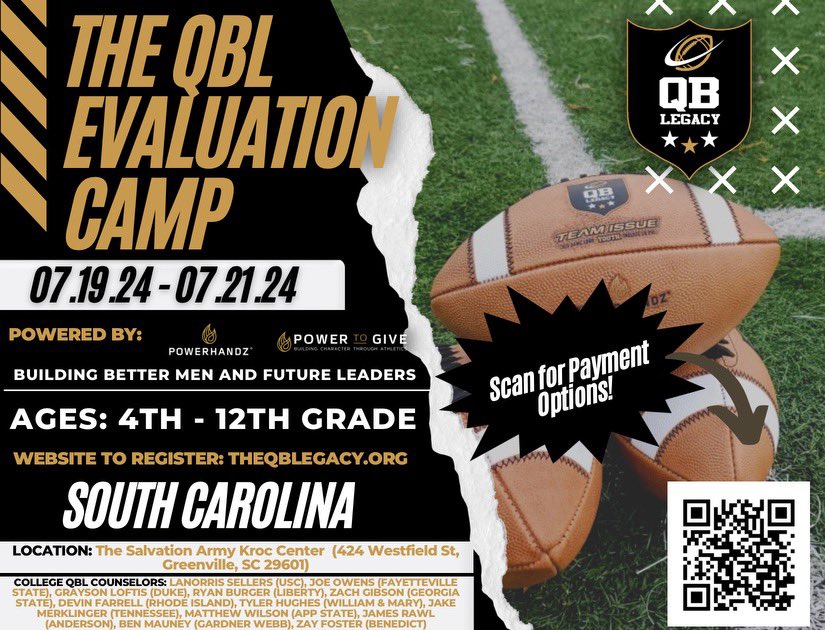 LegacyQb's tweet photo. 🏈 Join Us for the Fourth Annual QB Legacy Camp! 🏈

📍 Location: Greenville, South Carolina
🗓️ Dates: July 19th-21st, 2024

This year, we have an incredible lineup of guest coaches, and we’re excited to welcome back our former QBL alums, now college camp counselors! #QBCamp https://t.co/ikyAiq0EmL
