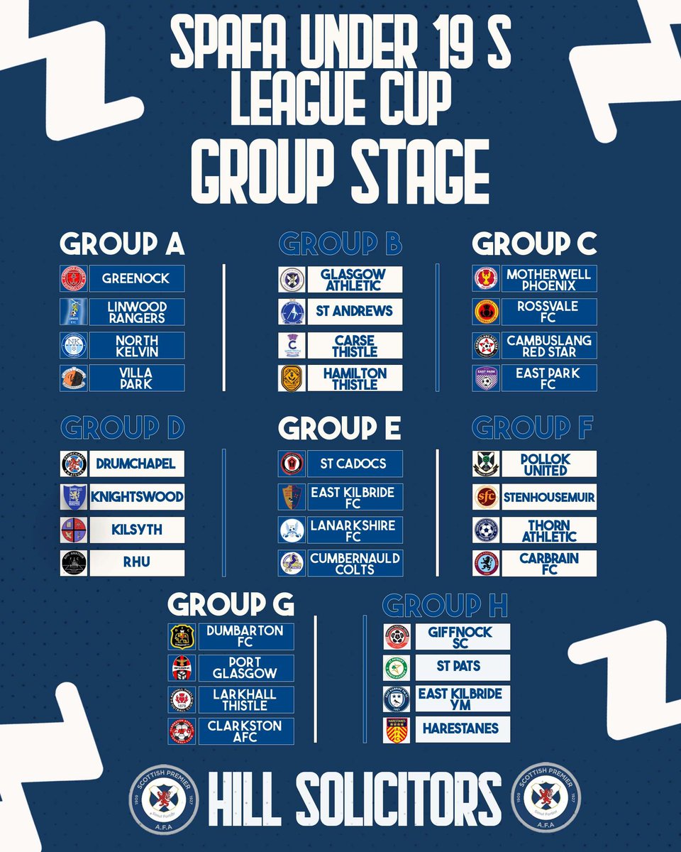 🏆Scottish Premier Under 19’s League Cup, Group Stage!

Fixtures to commence weekend beginning the 9th August

Best of luck to all teams!

<a href="/spafaofficial/">Scottish Premier AFA</a>