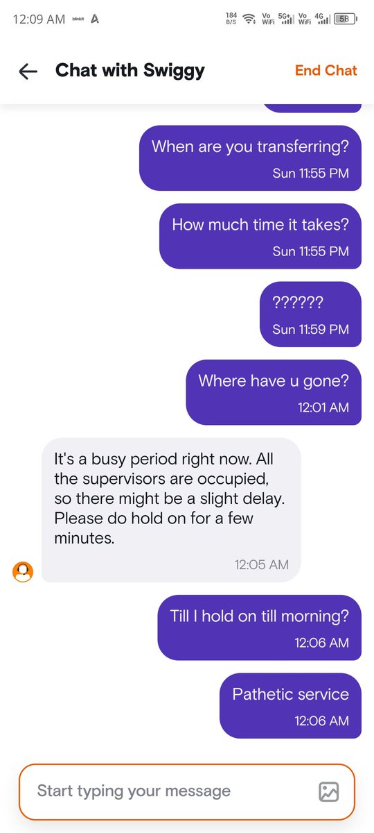 nikgillz's tweet photo. @Swiggy this is how you resolve your customers issues? I've been waited for 40 minutes no respond, the agent and its supervisors are doing time pass https://t.co/en51DkmmMc