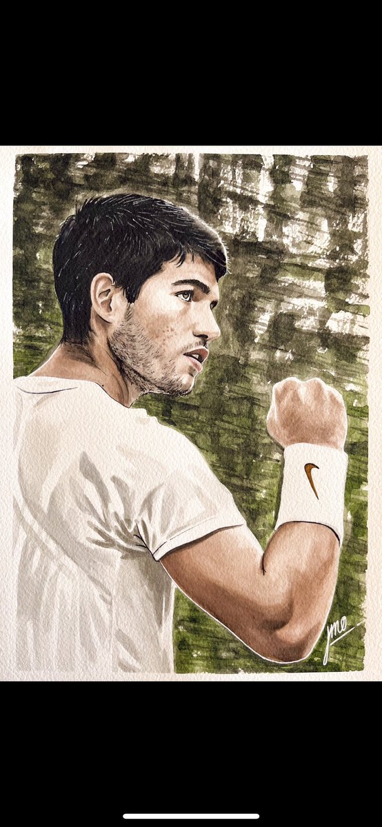 CAMPEÓN. 
Dibujo de Carlitos Alcaraz en acuarela, que acaba de conquistar su primer Rolland Garros en París! 🏆🎾