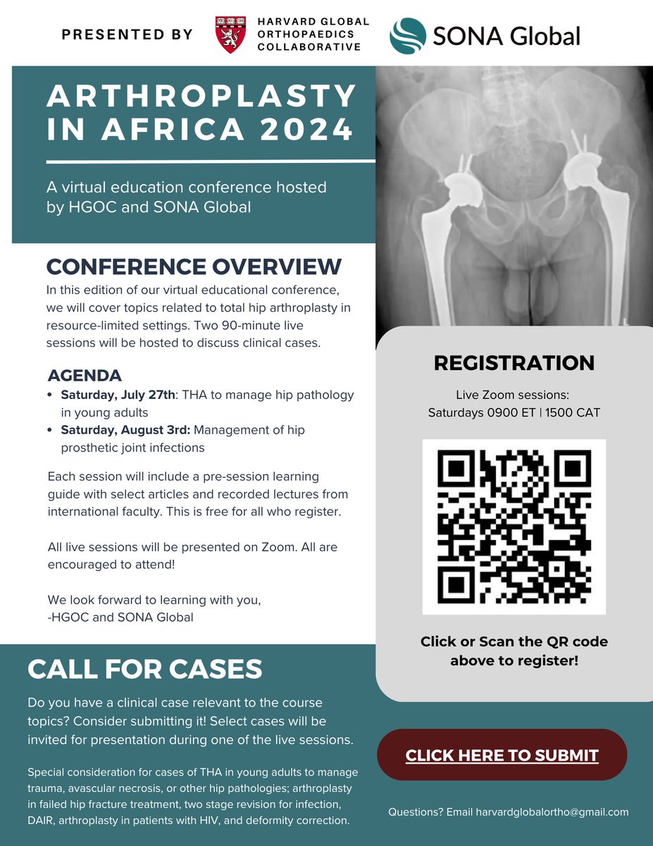 Please join our next <a href="/OrthoGlobal/">Harvard Global Orthopaedics Collaborative</a> &amp; SONAGlobal.org virtual conference on #Arthroplasty in #Africa!

Two 90min case discussions on Saturdays 

27 July - THA in young adults
3 August - THA PJI

Register: forms.gle/sWe8mJovBoN3AM…

Submit a case: forms.gle/tXitjmcePJLcpz…