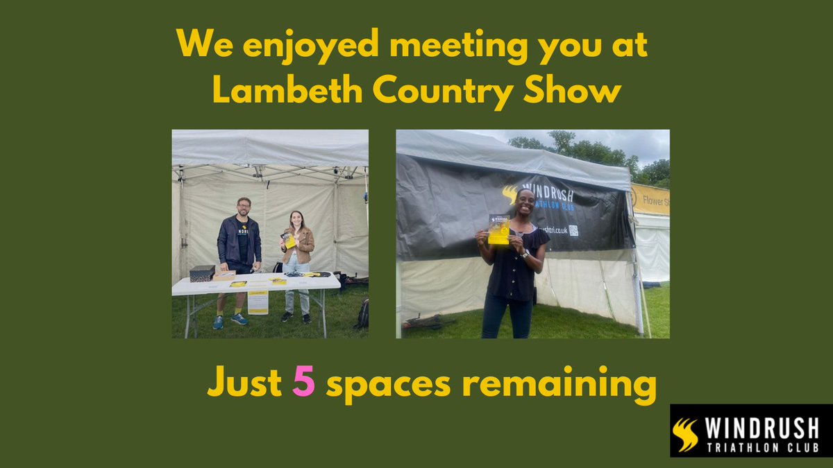 Thanks to everyone who said hi to us <a href="/windrushtriclub/">Windrush Triclub</a> tent at #lambethcountryshow and sign up for Trifit Brixton 24. We have 5 spaces remaining but hurry up, the deadline is less than 1 week away. tinyurl.com/3sauc75k
#LCS50 #triathlon #SE24 #lambeth #southlondon #getfit

3 m