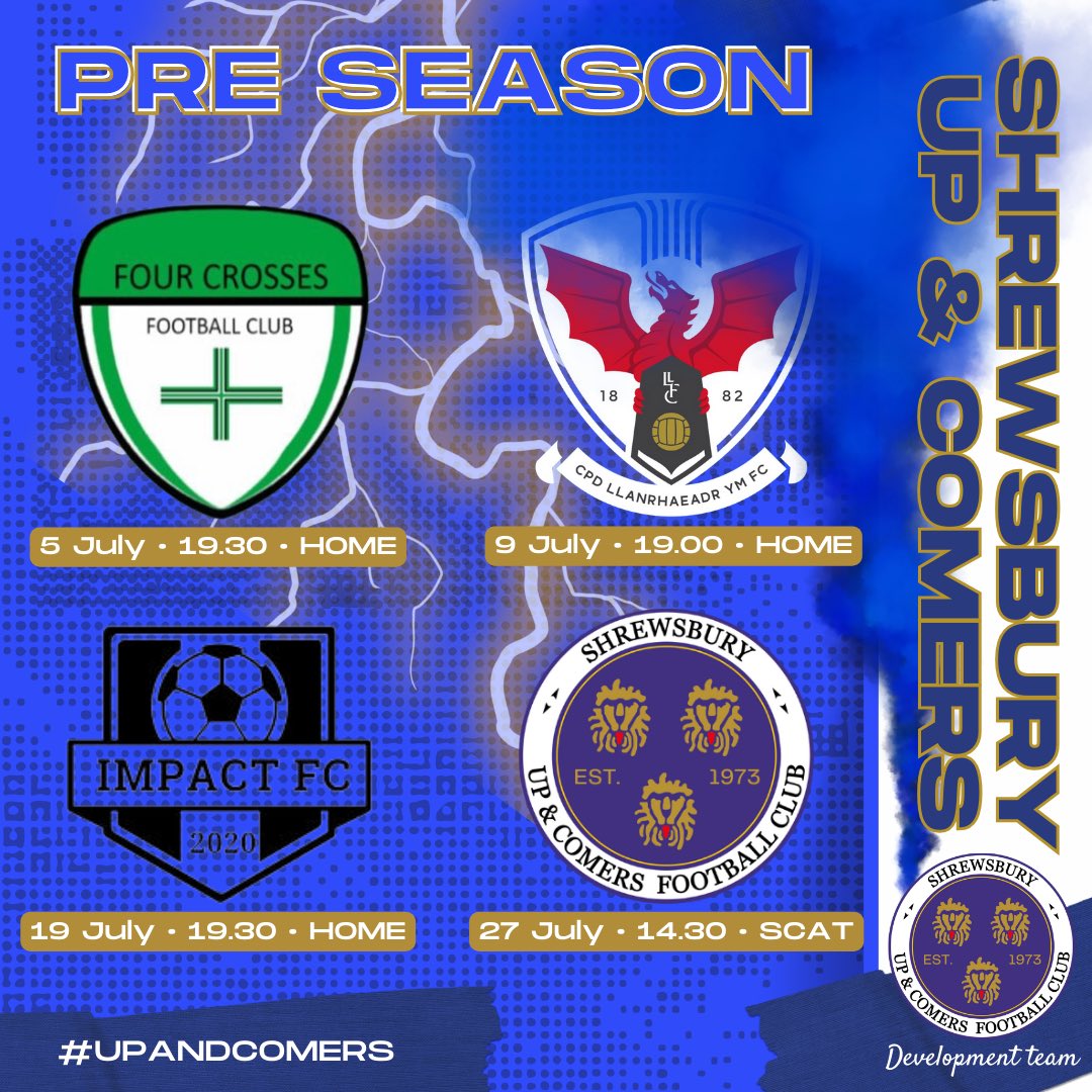 UpnComersMensFC's tweet photo. #preseason games confirmed for the development team 👌🏼 

Home games are held at @salopunisonclub 🦁 

• @4crossesFC reserves • @Impactunitedfc • @LlanrhaeadrYMFC • SUAC first team •

#hardworkbegins #upandcomersdev https://t.co/DNJ0zqRlVb