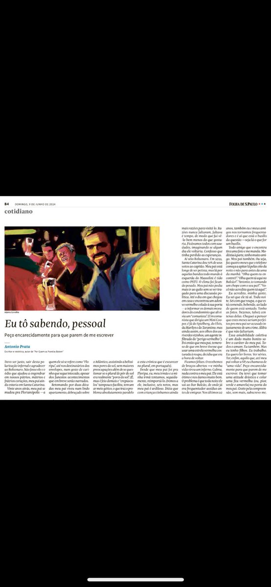 dspautzsc's tweet photo. Mario Prata partiu de Floripa. Foi enxotado pelos intolerantes, conta Antonio Prata na @folha. Tão bonita, a Capital se permite perder o brilho por ação dos estúpidos. https://t.co/EugdtlcQWD