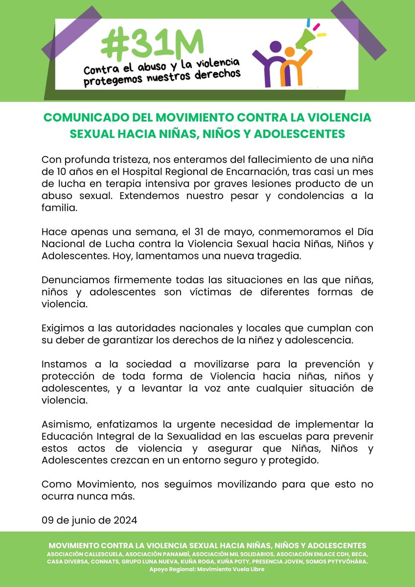 MovimientoNNA's tweet photo. Comunicado del Movimiento contra la Violencia Sexual hacia Niñas, Niños y Adolescentes.

#ContraLaViolenciaSexual #ProtejamosNuestrosDerechos #UnidosPorLaNiñez #31M #NiUnAbusoMás #NiUnaVozMenos #NoMásViolencia #InfanciasLibresDeViolencia https://t.co/wEVQr2Xign