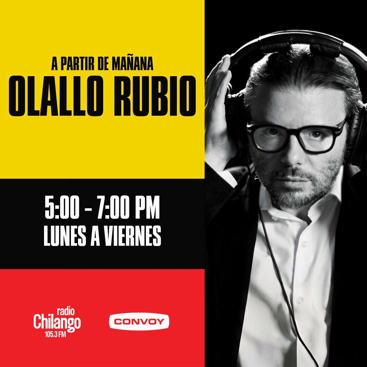 convoynetwork's tweet photo. Escucha a @olallo_rubio de lunes a viernes de 5 a 7pm a través de la señal en vivo de Convoy y por la frecuencia de @radiochilango 105.3 FM. https://t.co/1atx2obNDz