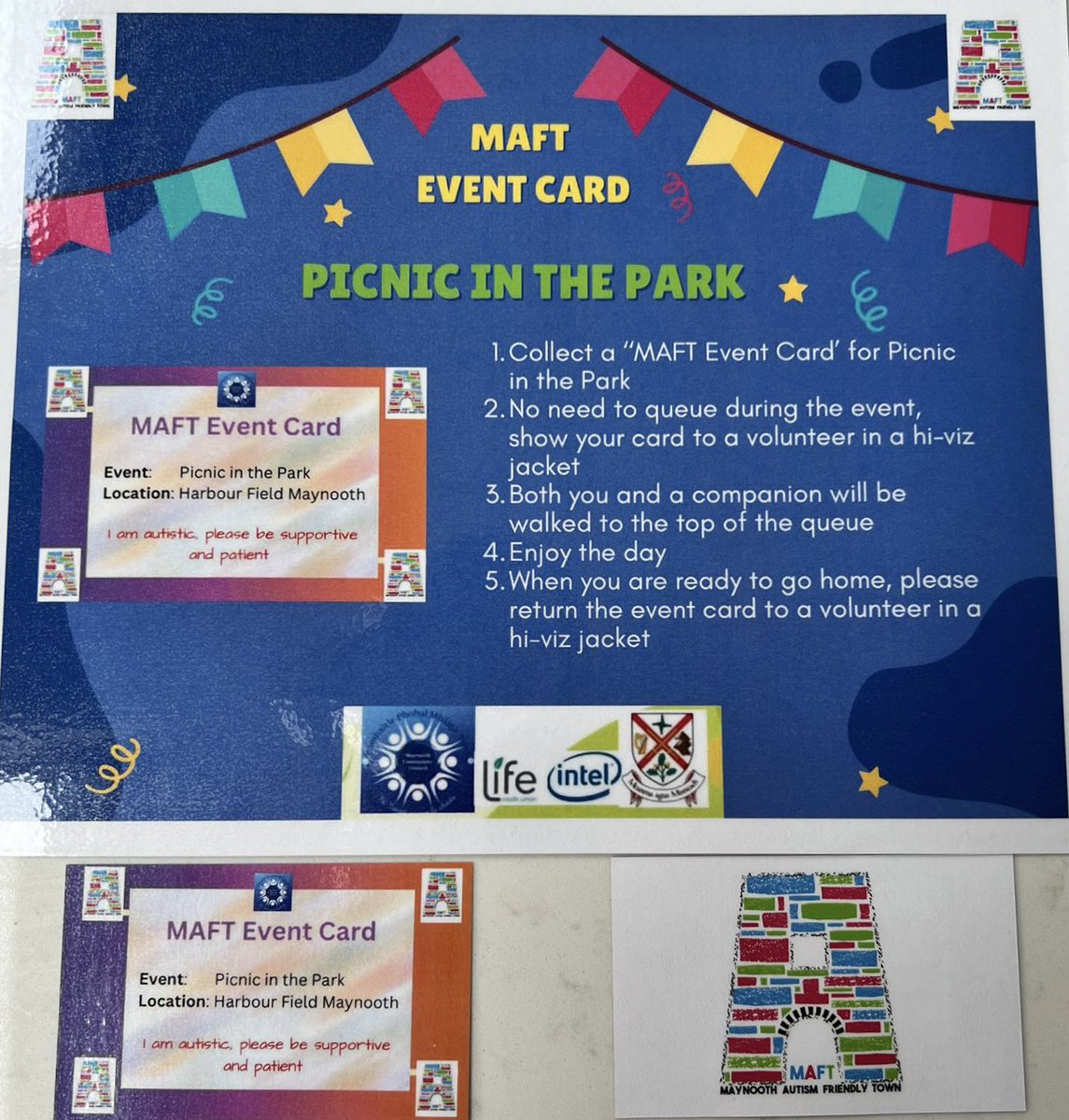 maynoothaft's tweet photo. MAFT committee is assisting MCC to make this year’s Picnic in the Park accessible for autistic people. If you find queuing at events/vendor stands difficult, please email autismfriendlytownmaynooth@gmail.com to arrange a MAFT Event Card for the autistic person and one caregiver. https://t.co/PyH2lKEyGv