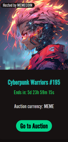 Meme_Coin_Club's tweet photo. 🚨 RANK #7 CYBERPUNK WARRIOR AT MEMECOIN CLUB AUCTION HOUSE! 🚨
FLOOR PRICE: 300 $CRO 💰
STARTING BID: ONLY 100 $CRO worth of $MEME
https://t.co/06ZyhRQkTn
🤑 Don't miss this chance to snag a TOP 10 CyberPunk Warrior and join #TheCronosClub on their EPIC #FireQuest!
🔥 Use elements to defeat the 🌊Water, 🔥Fire, 🪱Earth, 💨Wind, & ❤️ LOVE Masters!
🌊🔥🌳💨❤️
There's nothing else like it! Graveto has created a FUN and UNIQUE gaming/NFT experience like nothing you've ever seen before! 🎮
🚀 Join the community or SELL for profit! YOU DECIDE! 🎲
@The_Cronos_Club #FireQuest
https://t.co/Ns74mn69iS