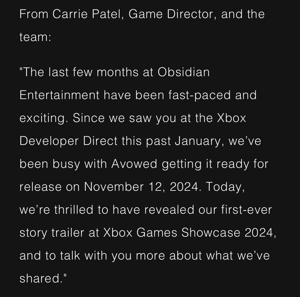 Obsidian says Avowed is releasing on November 12th, 2024. I've